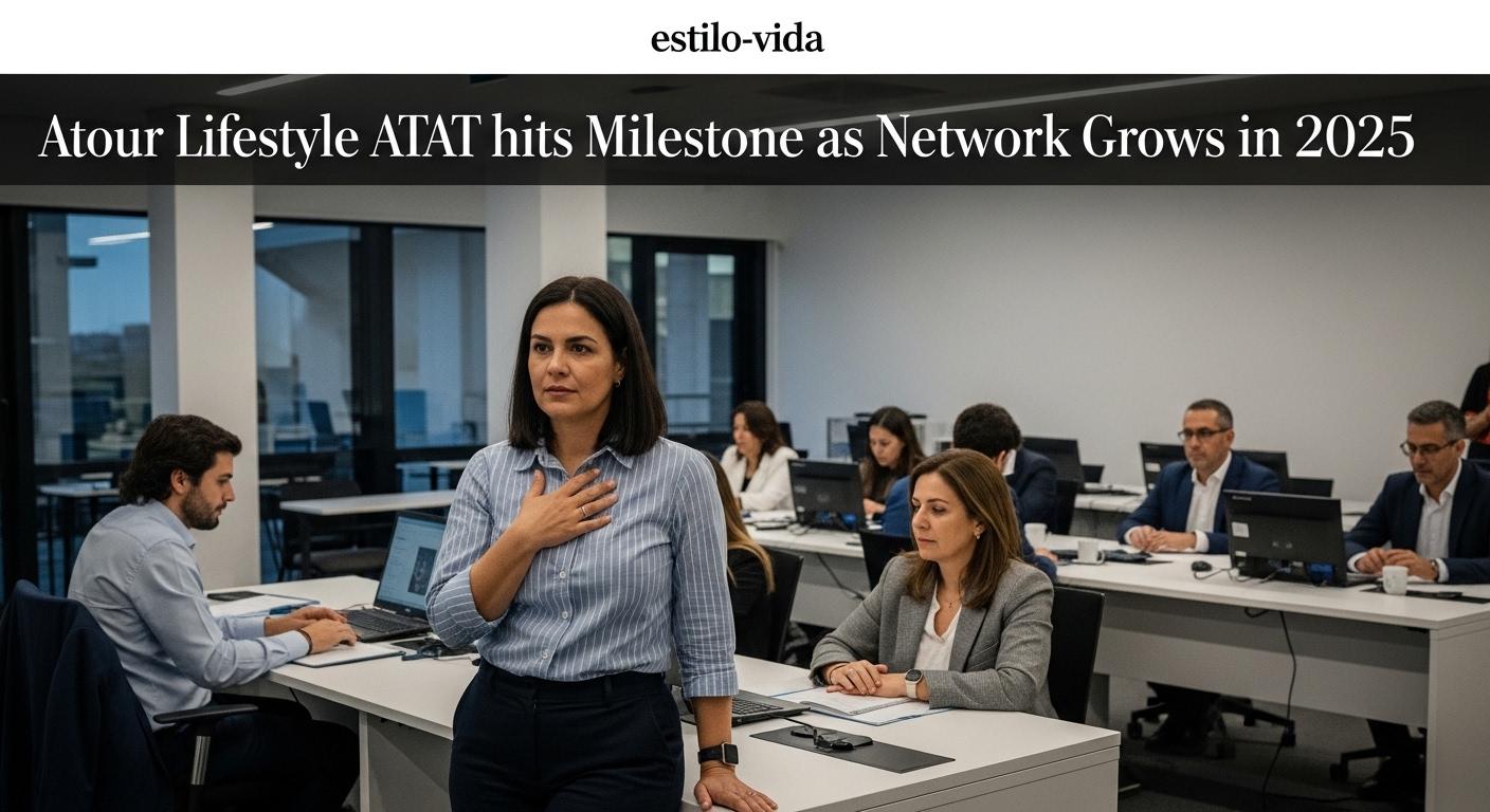Lobby scene featuring Atour branding and growth visualization.