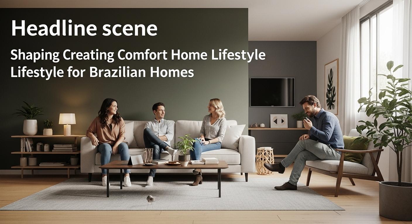 Cozy Brazilian living room with natural materials and warm lighting.